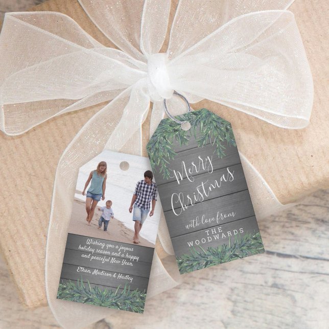 1 Photo Merry Christmas Greenery Rustic Gray Wood Gift Tags (Creator Uploaded)