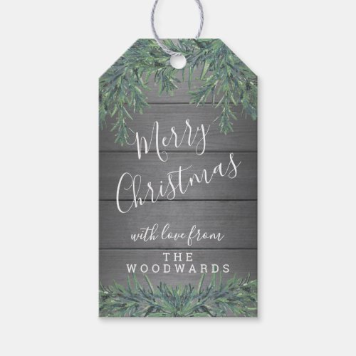 1 Photo Merry Christmas Greenery Rustic Gray Wood Gift Tags - Celebrate the simple joys of the season with these stylish custom photo modern farmhouse style Merry Christmas gift tags. Text on this template is easy to customize. (IMAGE PLACEMENT TIP:  An easy way to center a photo exactly how you want is to crop it before uploading to the Zazzle website.) Design features rustic grey faux wood background, chic handwritten style script typography, and one picture of your choice. Family and friends will love this elegant personalized finishing touch to Christmas gift wrapping and presents.