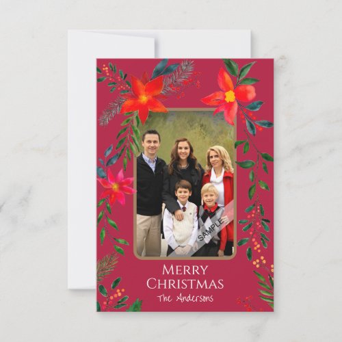  1 Photo Merry Christmas Watercolor Floral Holiday Thank You Card