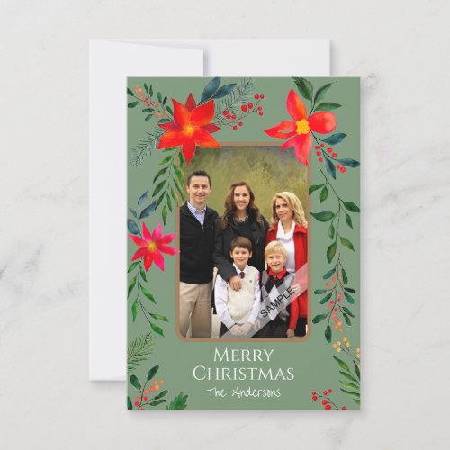  1 Photo Merry Christmas Watercolor Floral Holiday Thank You Card