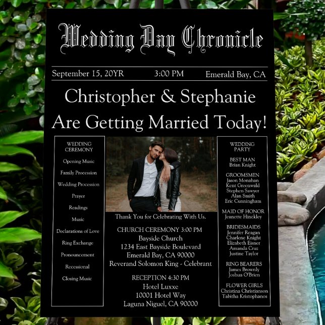 1 Photo Minimalist Chic Newspaper Wedding Program Foam Board (Minimalist Elegant One Photo Custom Itinerary Wedding Program Foam Board Sign for Ceremony - Black)