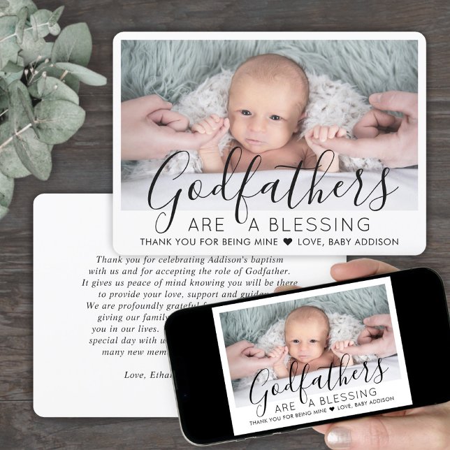 1 Photo Modern Baptism or Christening Godfather Thank You Card (Creator Uploaded)