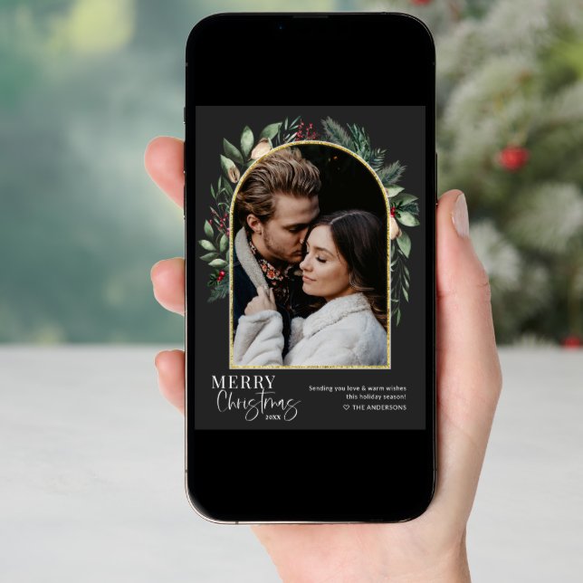 1 Photo Modern Greenery Gold Arch Merry Christmas Holiday Card (Front Digital)