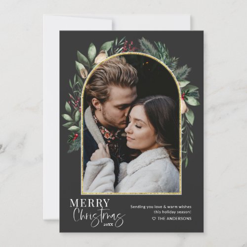 1 Photo Modern Greenery Gold Arch Merry Christmas Holiday Card