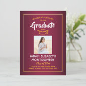 1 Photo Modern Maroon Red Gold Yellow Graduation I Invitation (Standing Front)