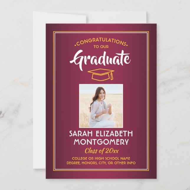 1 Photo Modern Maroon Red Gold Yellow Graduation I Invitation (Front)