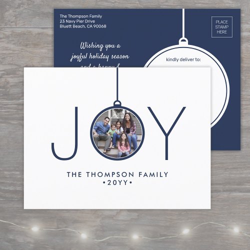 1 Photo Modern Minimalist Navy Blue Joy Ornament Holiday Postcard