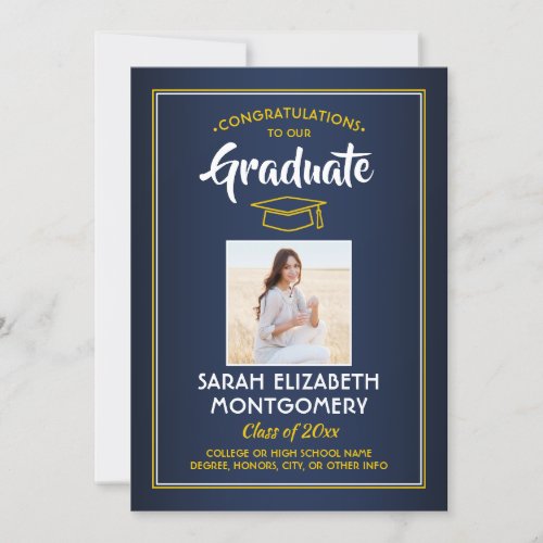 1 Photo Modern Navy Blue Gold Yellow Graduation Invitation