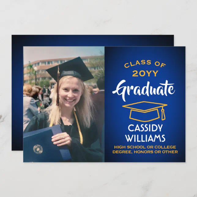 1 Photo Modern Royal Blue Gold Yellow Graduation Invitation 