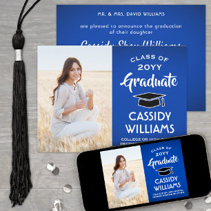 1 Photo Modern Royal Blue White Black Graduation Announcement