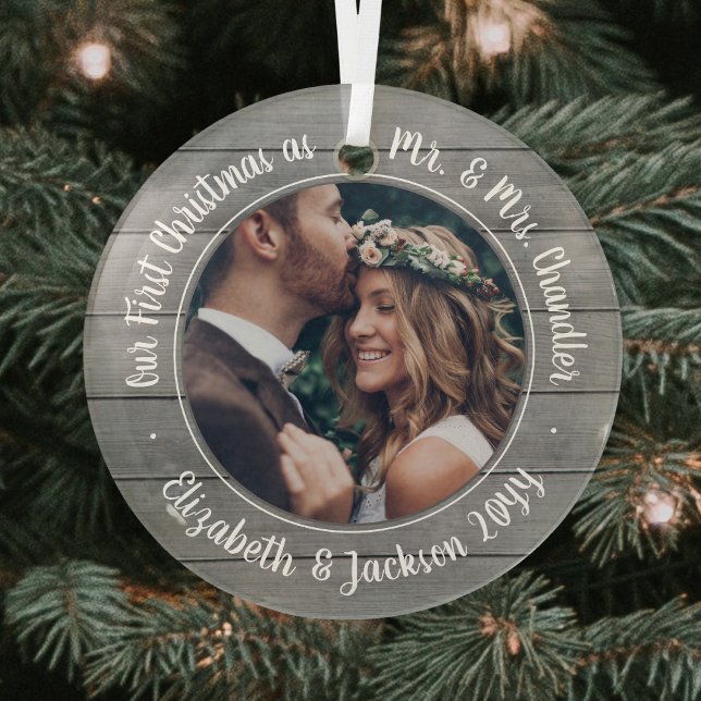 1 Photo Mr & Mrs First Christmas Faux Gray Wood Glass Ornament (Creator Uploaded)