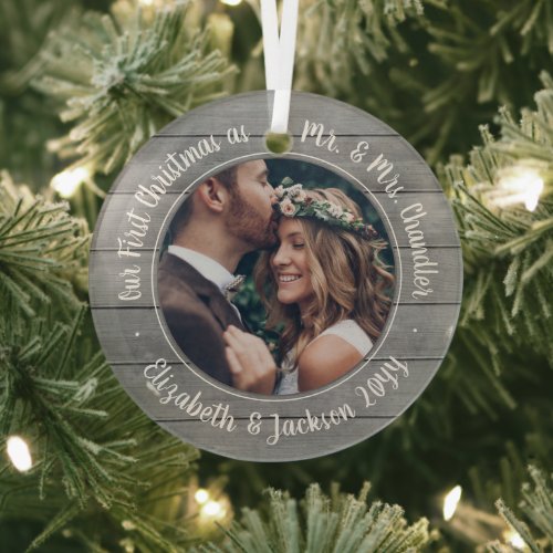 1 Photo Mr  Mrs First Christmas Faux Gray Wood Glass Ornament