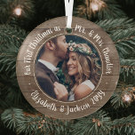 1 Photo Mr & Mrs First Christmas Rustic Faux Wood Glass Ornament<br><div class="desc">Celebrate a joyful 1st holiday as a married couple with a custom photo "Our First Christmas as Mr. & Mrs." round glass faux wood ornament. Picture and all text on this template are simple to personalize. (IMAGE & TEXT DESIGN TIPS: 1) To adjust position of wording, add spaces at beginning...</div>