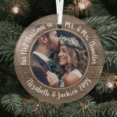 1 Photo Mr  Mrs First Christmas Rustic Faux Wood Glass Ornament