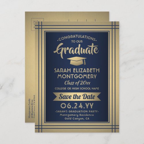 1 Photo Navy Blue  Gold Graduation Save the Date Announcement Postcard