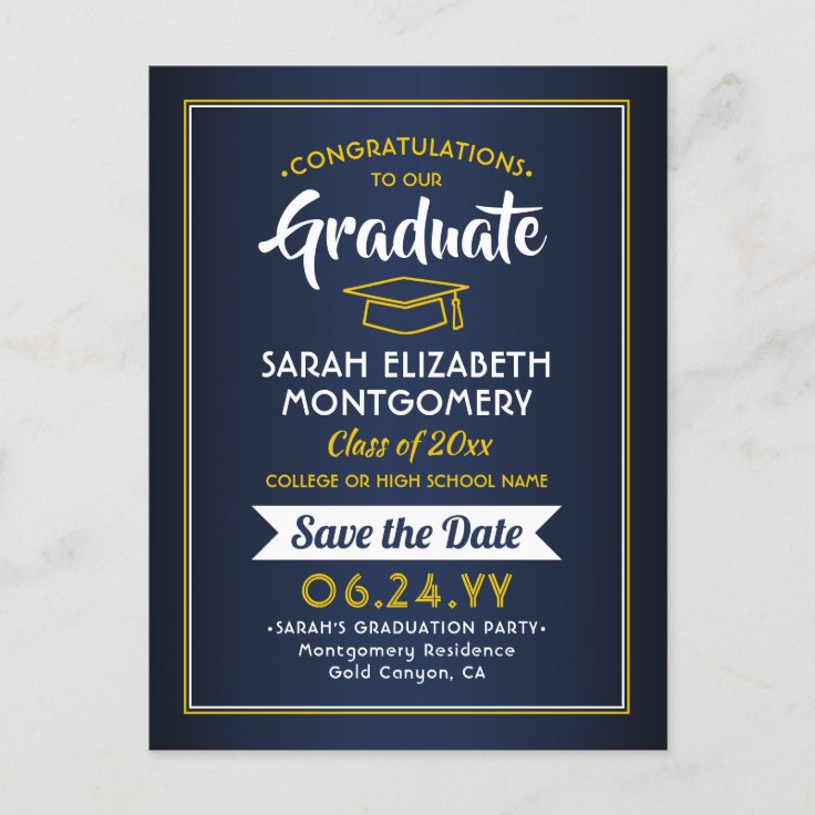 1 Photo Navy Blue & Gold Graduation Save the Date Announcement Postcard ...