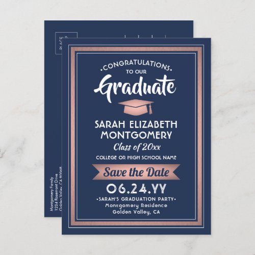 1 Photo Navy  Rose Gold Graduation Save the Date Announcement Postcard