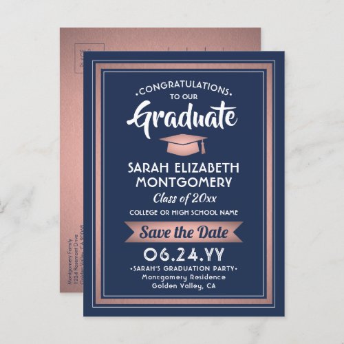 1 Photo Navy  Rose Gold Graduation Save the Date Announcement Postcard
