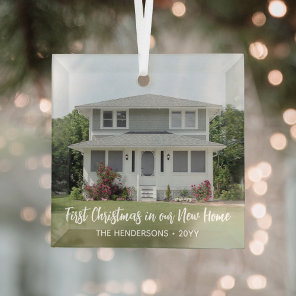 1 Photo New Home 1st Christmas Simple White Script Glass Ornament