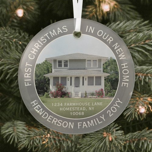 1 Photo New Home Address First Christmas Gray Glass Ornament