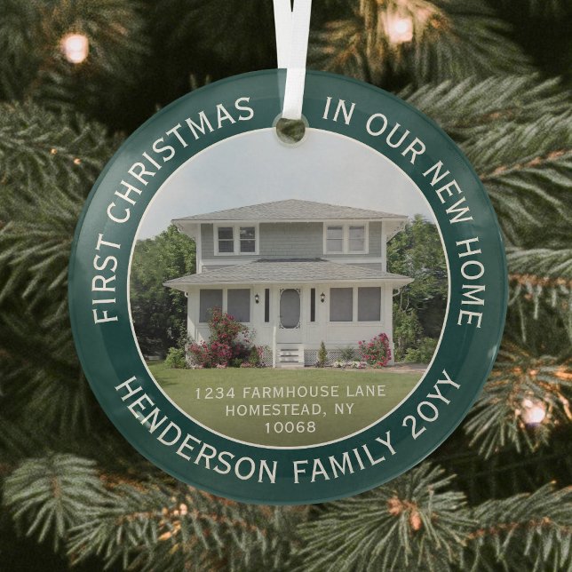 1 Photo New Home Address First Christmas Green Glass Ornament (Creator Uploaded)