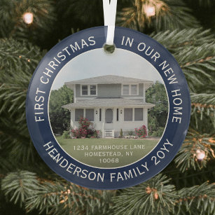 1 Photo New Home Address First Christmas Navy Blue Glass Ornament
