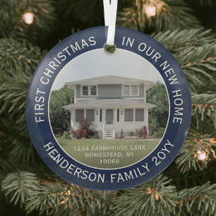 1 Photo New Home Address First Christmas Navy Blue Glass Ornament