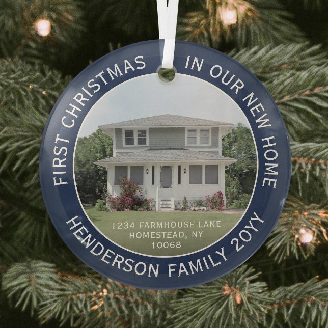 1 Photo New Home Address First Christmas Navy Blue Glass Ornament (Creator Uploaded)