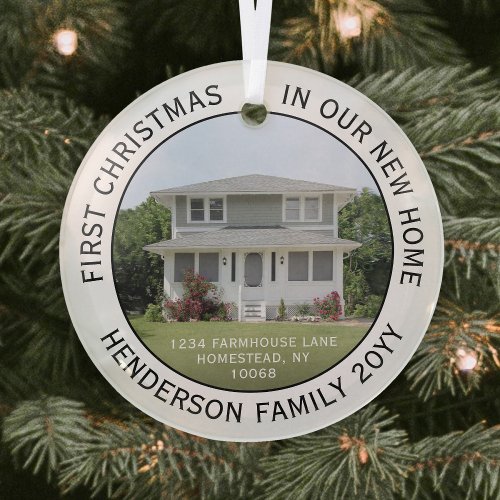 1 Photo New Home Address First Christmas White Glass Ornament