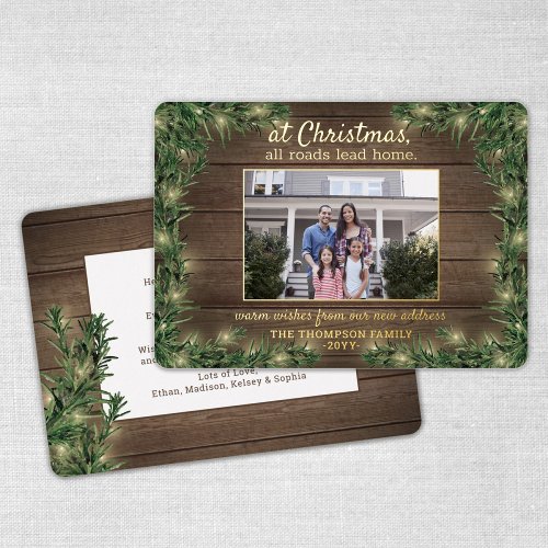 1 Photo New Home Rustic Wood Pine  String Lights Foil Holiday Card