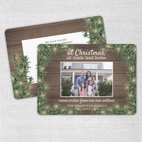  1 Photo New Home Rustic Wood Pine  String Lights Holiday Card