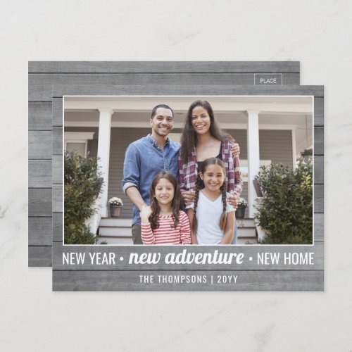 1 Photo New Years Adventure Farmhouse Home Moving Holiday Postcard - New Year, New Adventure, New Home. Share the joyful news of your new adventure as well as one favorite photo with this elegant holiday moving announcement postcard. All text on this template is simple to customize. (IMAGE PLACEMENT TIP:  An easy way to center a photo exactly how you want is to crop it before uploading to the Zazzle website.) The modern farmhouse style design features a rustic vintage grey wood background, minimalist typography, and 1 picture of your choice. Family and friends will love displaying this stylish personalized change of address card. For a chic finishing touch, write on postcard with a white ink pen.