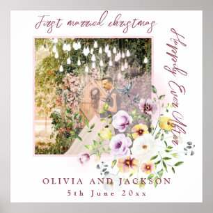 1 Photo Newlyweds 1st Married Christmas Pink Text Poster