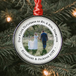 1 Photo Newlyweds First Christmas Black and White Metal Ornament<br><div class="desc">Celebrate a joyful 1st holiday as a married couple with a custom photo "Our First Christmas as Mr. & Mrs." round metal ornament. Image and all text on this template are simple to personalize. (IMAGE & TEXT DESIGN TIPS: 1) To adjust position of wording, add spaces at beginning or end....</div>