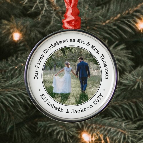 1 Photo Newlyweds First Christmas Black and White Metal Ornament