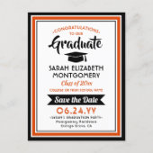 1 Photo Orange and Black Graduation Save the Date Announcement Postcard (Front)