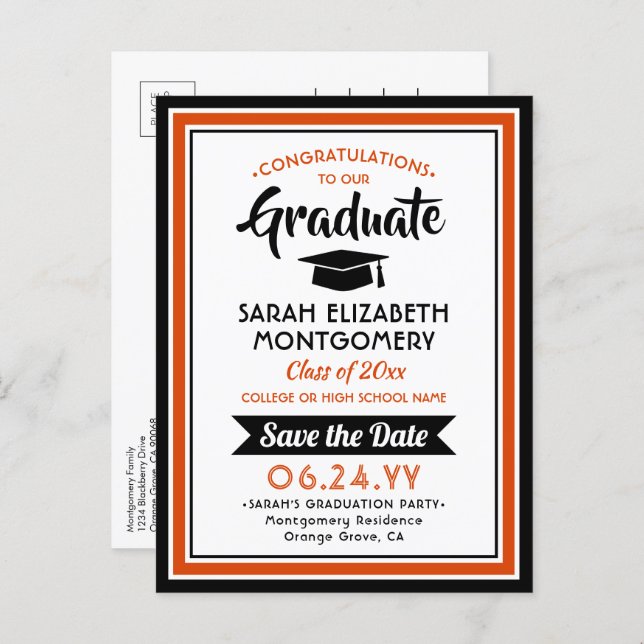 1 Photo Orange and Black Graduation Save the Date Announcement Postcard (Front/Back)