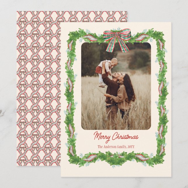 1 photo plaid bow rustic Christmas Photo Holiday Card (Front/Back)