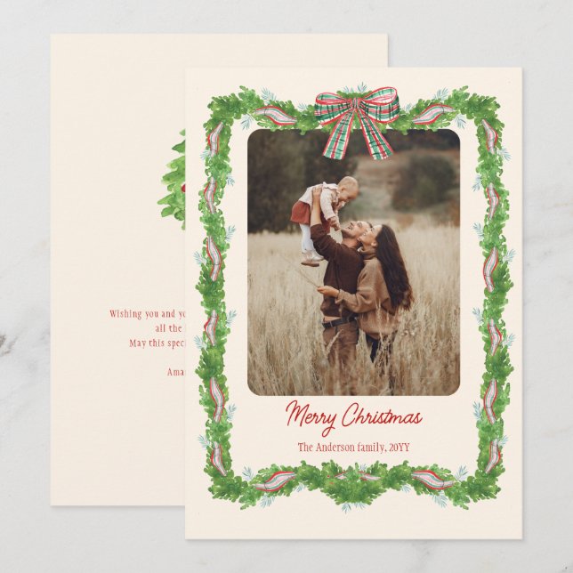 1 photo plaid bow rustic Christmas Photo Holiday Card (Front/Back)