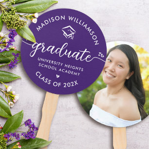 1 Photo Purple Graduation Modern Script Hearts Cap Hand Fan