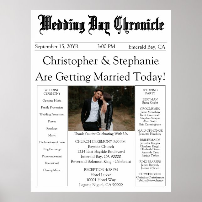 1 Photo QR Code Elegant Newspaper Wedding Program Poster (Front)