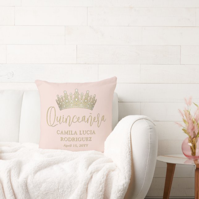 1 Photo Quinceañera Blush Pink & Gold Keepsake Throw Pillow (Couch)