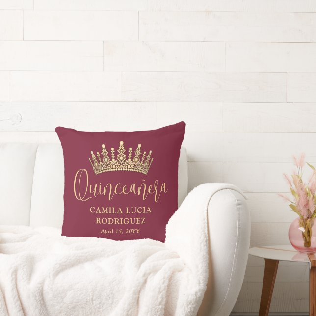 1 Photo Quinceañera Crown Burgundy & Gold Keepsake Throw Pillow (Couch)