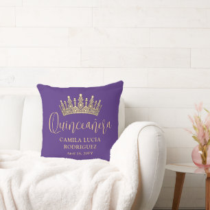 1 Photo Quinceañera Crown Purple and Gold Keepsake Throw Pillow