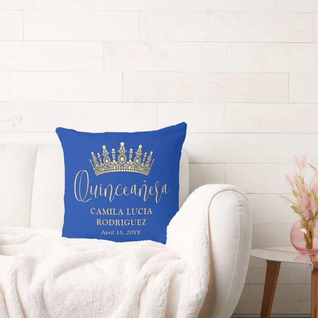 1 Photo Quinceañera Crown Royal Blue Keepsake Throw Pillow (Couch)