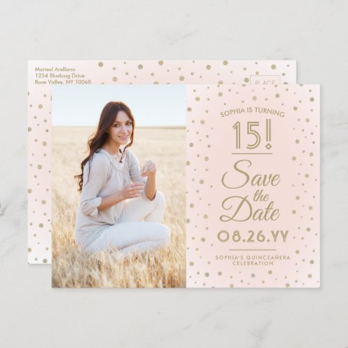 1 Photo Quinceanera Save the Date Pink and Gold Invitation Postcard