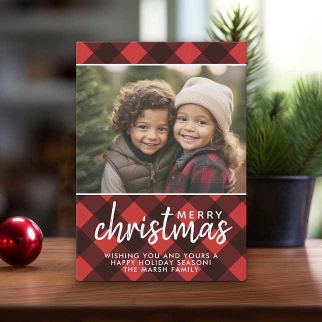 1 Photo Red Black Buffalo Plaid Merry Christmas Holiday Card (Online Christmas Card - Print and Download Options)