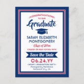 1 Photo Red White & Blue Graduation Save the Date Announcement Postcard (Front)