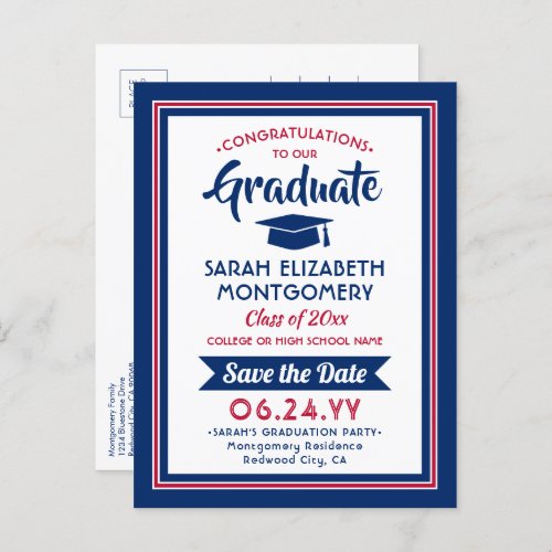 1 Photo Red White  Blue Graduation Save the Date Announcement Postcard