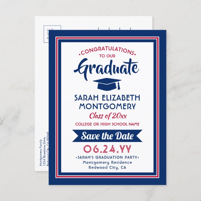 1 Photo Red White & Blue Graduation Save the Date Announcement Postcard (Front/Back)